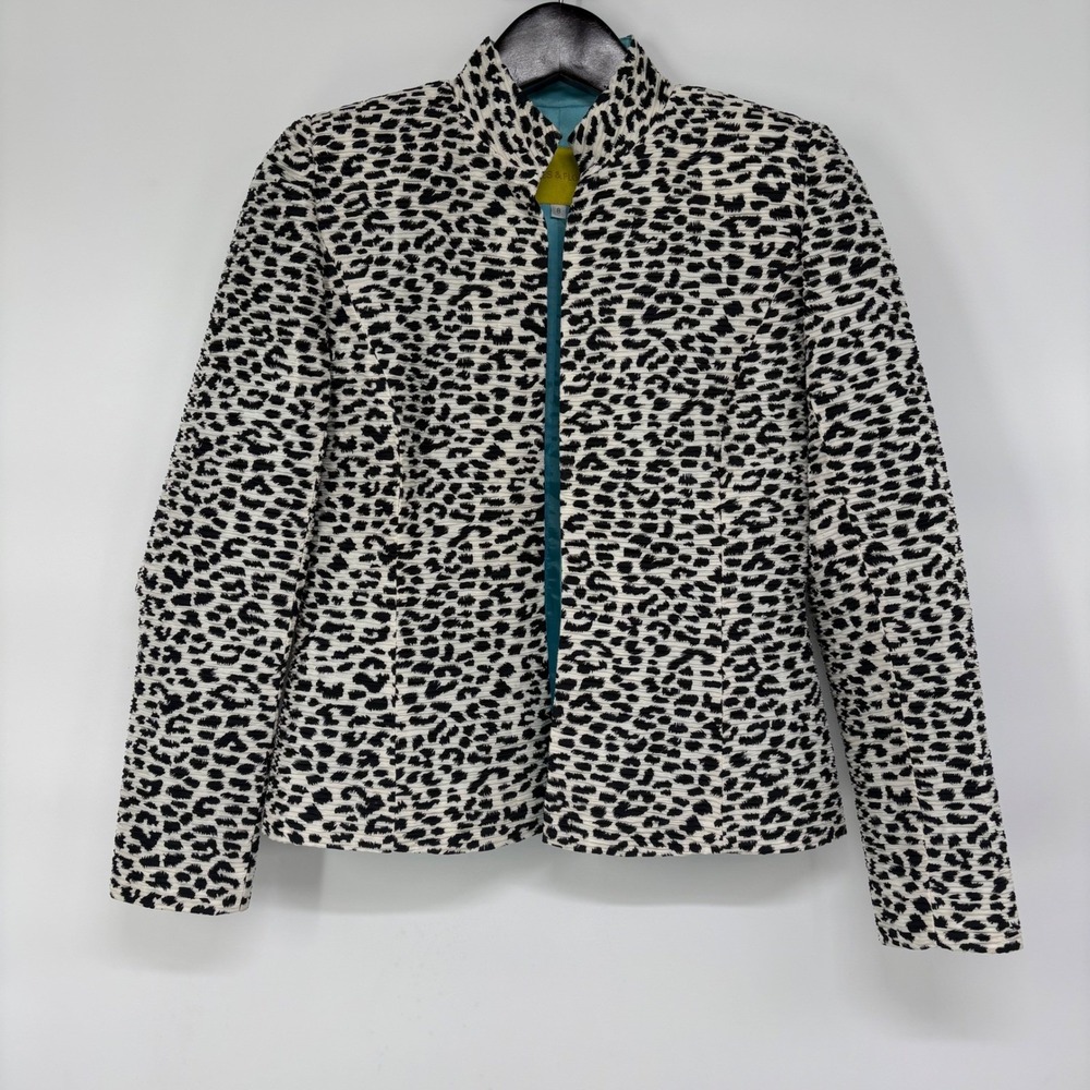 Flores & Flores‎ Silk Animal Print Plissé Blazer Jacket Black White Size 8 USA